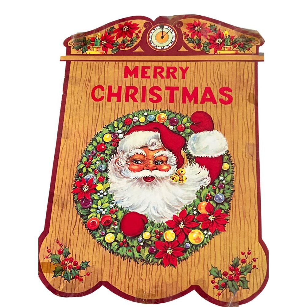 Vintage Merry Christmas Santa Claus Die Cut Cutout Wall Hanging Clock 15"